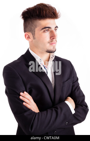 Pensieroso giovane uomo d affari - isolato su bianco Foto Stock
