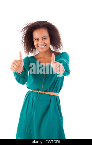 Bella donna afro mostra pollice in alto Foto Stock