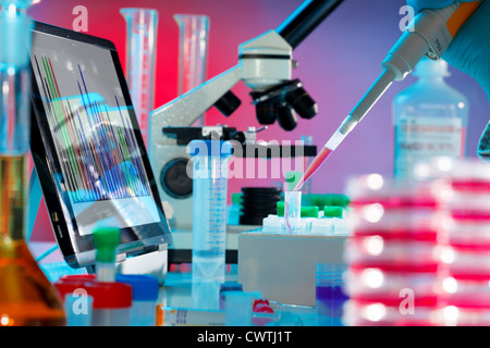 Analisi della struttura della molecola di DNA nel laboratorio di microbiologia Foto Stock