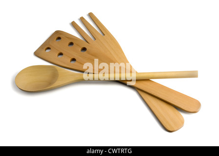 Set di legno utensili da cottura isolato su bianco Foto Stock