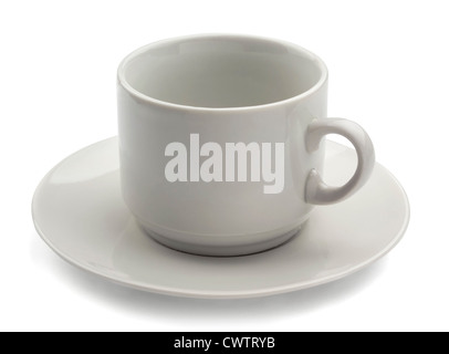 Vuoto bianco tazza di caffè isolato su bianco Foto Stock