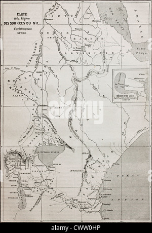 Mappa vecchia delle sorgenti del Nilo regione Foto Stock