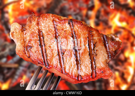 Bistecca su una forcella. Sullo sfondo di un falò nella foresta. Foto Stock