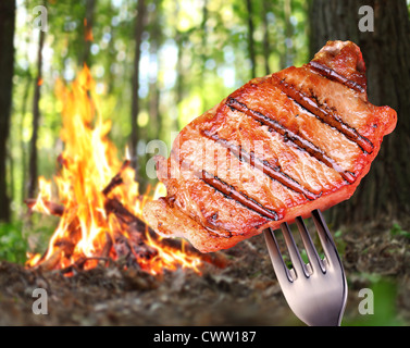 Bistecca su una forcella. Sullo sfondo di un falò nella foresta. Foto Stock