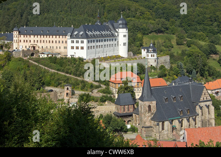 Castello e chiesa, Stolberg, Montagne Harz, Sassonia-Anhalt, Germania Foto Stock