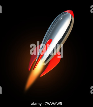 Blast Off nello spazio utilizzando un metallo missile razzo la propulsione di veicoli spaziali in uno sfondo nero che rappresenta i nuovi inizi e Foto Stock