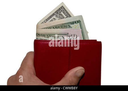 Hand holding red wallet with US dollar bills Foto Stock