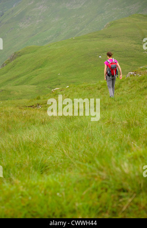 Un escursionista scende nel Dovedale Beck da alta Hartsop Dodd nel distretto del lago, Cumbria. Foto Stock