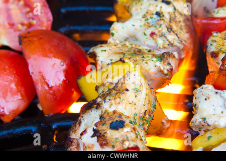 Pollo e pepe spiedini lentamente la cottura sul barbecue Foto Stock