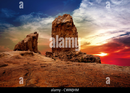 Gran canaria Roque Nublo Tejeda tramonto spettacolare sky in Isole Canarie Foto Stock