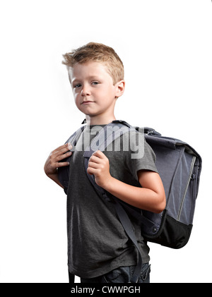 Ragazzo con zaino isolati su sfondo bianco Foto Stock