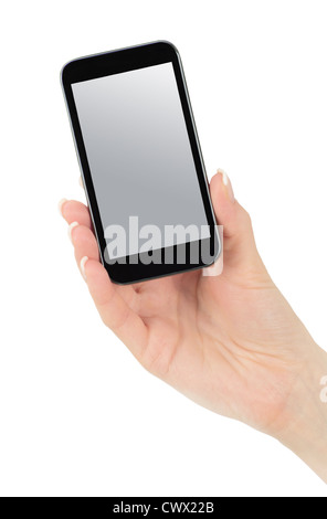 Mano azienda mobile smart phone con schermo vuoto Foto Stock