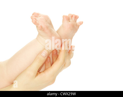 Neonato piedi e mani isolato su bianco Foto Stock