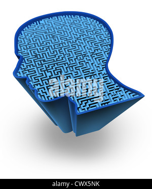 Cervello umano e intelligenza puzzle con un blu brillante e labirinto labirinto in forma di una testa umana come un simbolo della complessità del cervello a pensare come un problema difficile da risolvere da medici. Foto Stock