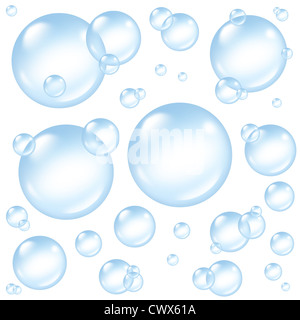 Bolle e trasparente sud soap bubble composizione con una schiuma di sapone in molti formati circolari in aria floating come pulire blue sy Foto Stock