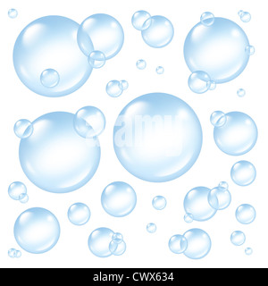 Bolle e trasparente sud soap bubble composizione con una schiuma di sapone in molti formati circolari in aria floating come pulire blue sy Foto Stock