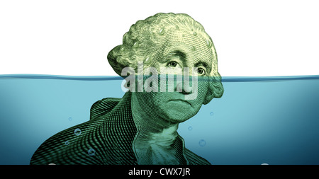 Problemi di debito e di mantenere la vostra testa finanziari al di sopra dell'acqua rappresentata da un annegamento di George Washington ritratto che affonda in acqua blu come simbolo di urgent business e di gestione del denaro e mancata sconfitta. Foto Stock