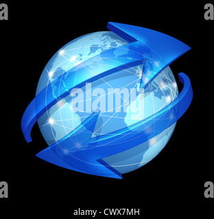 Comunicazioni globali di simbolo sul nero e il concetto di connessioni con un blu globo internazionali del mondo con due frecce curve andando attorno alla sfera come uno scambio sociale e icona del commercio per le importazioni e le esportazioni di beni e di contenuti digitali multimediali. Foto Stock