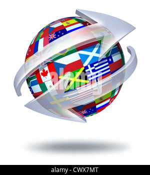 Mondo simbolo di comunicazioni e connessioni globali concetto con bandiere internazionali del mondo con due frecce curve va. Foto Stock