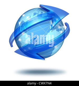 Comunicazioni globali simbolo e concetto di connessioni con un blu globo internazionali del mondo con due frecce curve andando attorno alla sfera come uno scambio sociale e icona del commercio per le importazioni e le esportazioni di beni e di contenuti digitali multimediali. Foto Stock