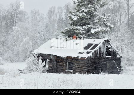 Cabina abbandonati nella tempesta di neve, maggiore Sudbury, Ontario, Canada Foto Stock