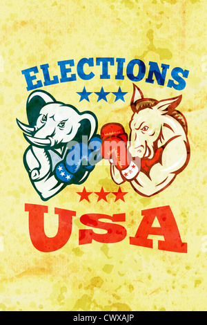 Illustrazione di un Democrat mascotte asino dei democratici di grand old party gop e elefante repubblicano boxer boxing con guanti Foto Stock