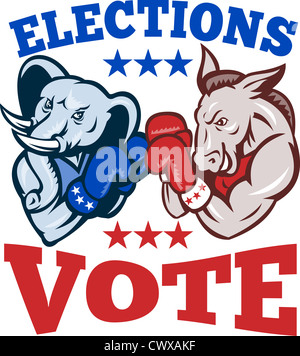 Illustrazione di un Democrat mascotte asino dei democratici di grand old party gop e elefante repubblicano boxer boxing con guanti Foto Stock