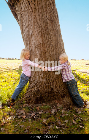 Twin sorelle stanno abbracciando un albero. Foto Stock
