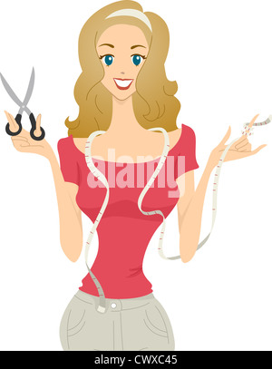 Illustrazione di una femmina di designer di moda tenendo un paio di forbici e un nastro di misurazione Foto Stock