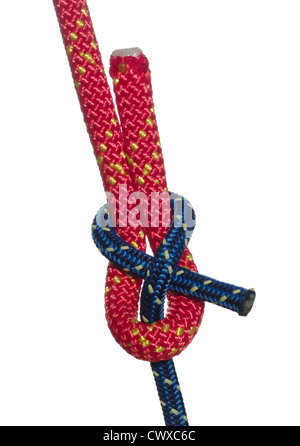 Nodo di navigazione a vela: nodo di scotta fatta di una spessa di colore rosso e una sottile Corda blu Foto Stock