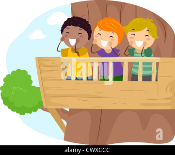 Illustrazione di bambini urlando dal balcone di una Treehouse Foto Stock