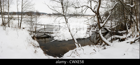 Coperte di neve riva del torrente, ponte di ghiaccio, acqua e alberi, panorama da 5 immagini Foto Stock