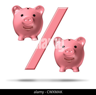 Percentuale salvadanaio simbolo con un segno di percentuale e rosa suini di risparmio come rappresentazioni in ambito finanziario icona che rappresenta i tassi di interesse e le attività di prestito e prestiti su uno sfondo bianco. Foto Stock