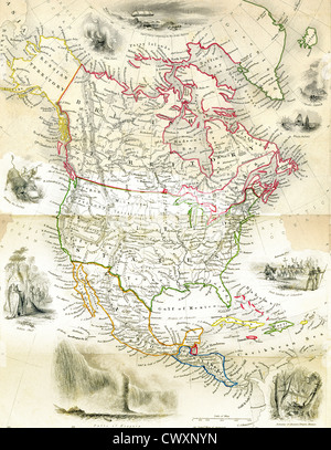 1856 mappa di n. America, con scene di orsi, Capitano Parry, geyser Isola, balene, Columbus, Messico, Niagara Falls, Indiani. Foto Stock