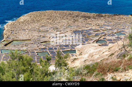 Vista dalla scogliera di saline vicino a Qbajjar sulla strada di Marsalforn, isola di Gozo, Mare Mediterraneo. Foto Stock