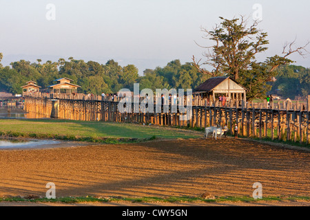 Myanmar Birmania, Mandalay. U Bein Bridge, Amarapura, un 200-anno-vecchia passerella in teak. Foto Stock