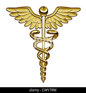 Caduceo simbolo medico come una cura di salute e medicina icona con dei serpenti che strisciano su un palo con le ali in metallo dorato texture isolato su uno sfondo bianco. Foto Stock