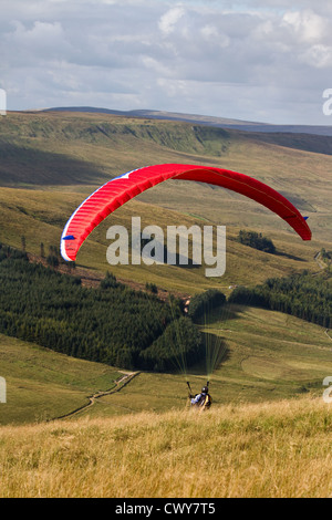 Parapendio con Sigma 6 Ala Rossa sul Dodd cadde vicino Hawes, Richmondshire, North Yorkshire Dales National Park, Regno Unito Foto Stock