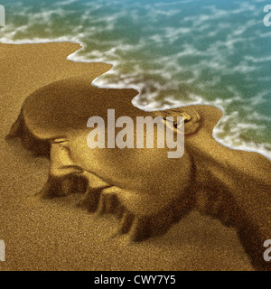 Problemi di memoria a causa di demenza e morbo di Alzheimer come medico sanitario concetto di invecchiamento con una testa e cervello scolpito da sabbia sulla spiaggia con il lavaggio oceano la funzione di distanza con la marea. Foto Stock
