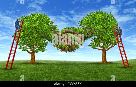 Costruzione di business trust e la crescita di un partenariato finanziario attraverso un accordo come due alberi crescenti confluenti in una mano forma con gli imprenditori su scale lavorano insieme per il successo. Foto Stock