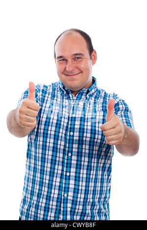 Sorridenti uomo gesticolando Thumbs up, isolati su sfondo bianco. Foto Stock