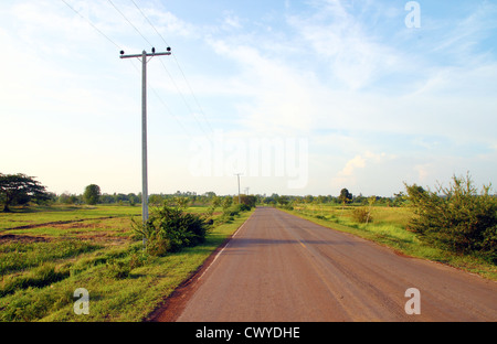 Una strada di campagna che corre attraverso campi verdi, Thailandia Foto Stock