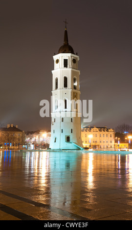 Cattedrale di Vilnius torre campanaria a notte piovosa con la riflessione. La Lituania, l'Europa. Famoso punto di riferimento. Posto per copiare in primo piano Foto Stock