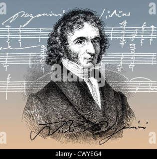 Niccolò o Nicolò Paganini, 1782 - 1840, un violinista italiano, chitarrista e compositore, con i suoi manoscritti di musica del foglio Foto Stock