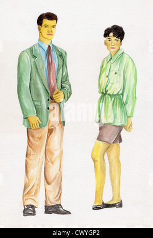 La pittura ad acquerello di un uomo e di una donna Foto Stock
