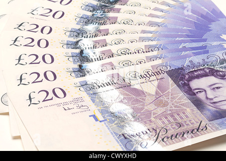 Una ventola di nuovo inutilizzato inglese di menta 20 pound note Foto Stock