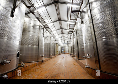 Vino moderno stabilimento con grandi serbatoi di stoccaggio Foto Stock