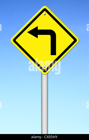 Cartello stradale - Indicatore di direzione sinistro avvertimento con cielo blu Foto Stock