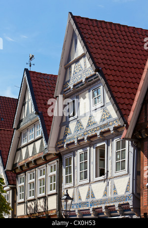 Facciate di case medievali nella città vecchia di Celle, Bassa Sassonia, Germania Foto Stock