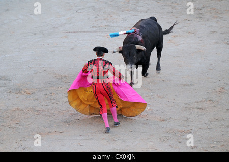 Uomini Cavallo aiuta a stare in piedi dopo essere stati gettati da bull nella corrida bull lotta in Arena Romana Arles Francia Foto Stock